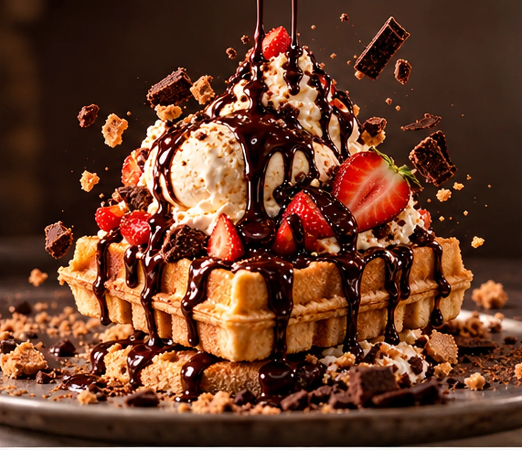 Concept image of a stacked waffle dessert with ice cream, strawberries and chocolate sauce