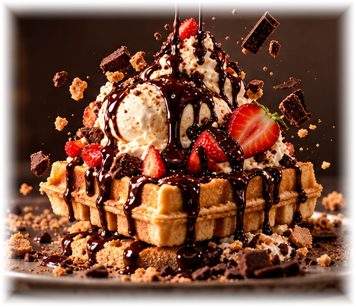 Concept image of a waffle dessert with chocolate sauce, ice cream and strawberries